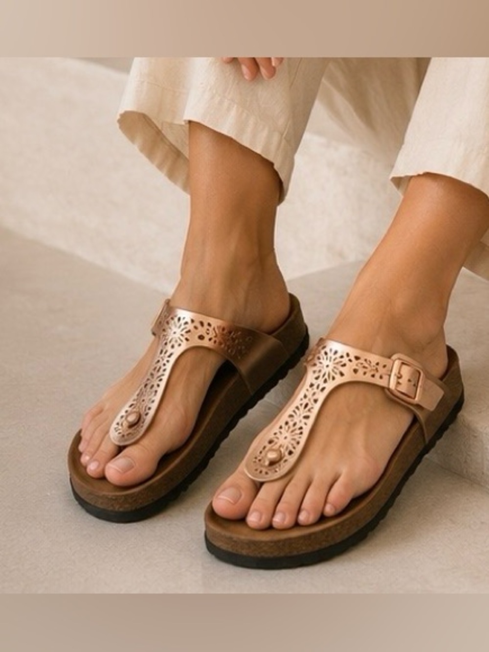 Arizona Jean Company Metallic Rose Gold Thong Sandal with Floral Cutouts size 9M